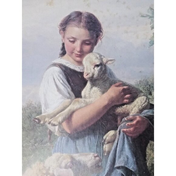 The Shepherdess by Johann Baptist Hofner Lithograph Print cardboard frame 28x22" - Picture 5 of 10
